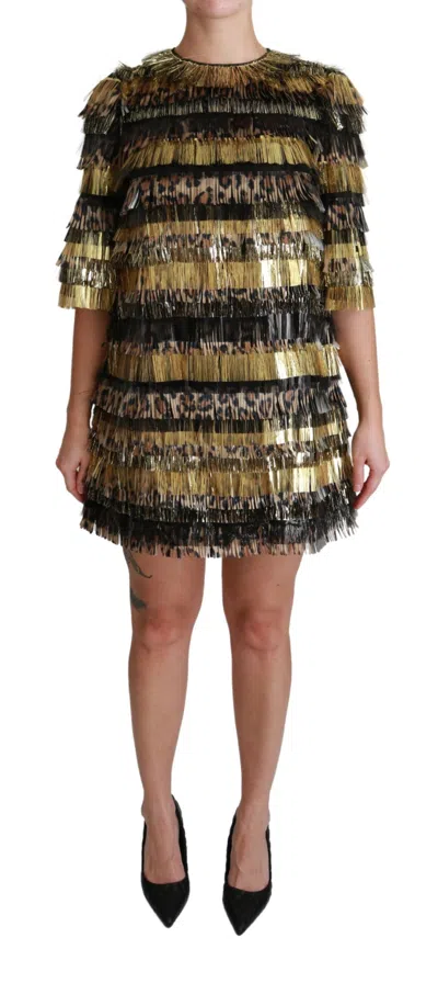 Dolce & Gabbana Polyester Black Gold Leopard Shift Mini Dress In Black