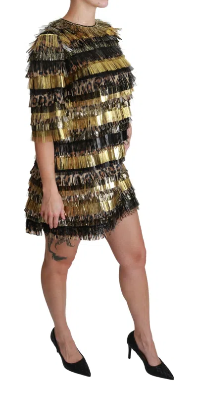Dolce & Gabbana Polyester Black Gold Leopard Shift Mini Dress In Black