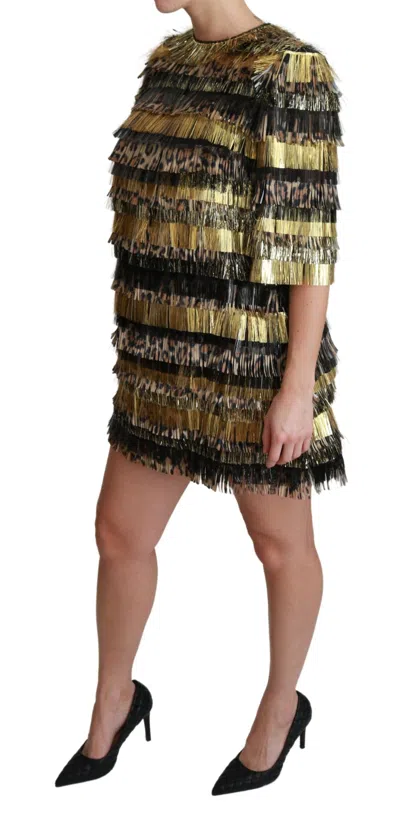 Dolce & Gabbana Polyester Black Gold Leopard Shift Mini Dress In Black