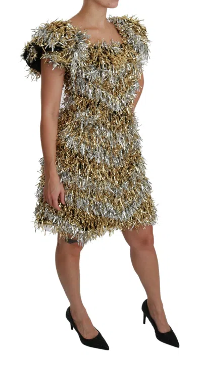Dolce & Gabbana Silver Gold Sheath Mini Shift Gown Dress In Silver