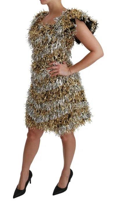 Dolce & Gabbana Silver Gold Sheath Mini Shift Gown Dress In Silver