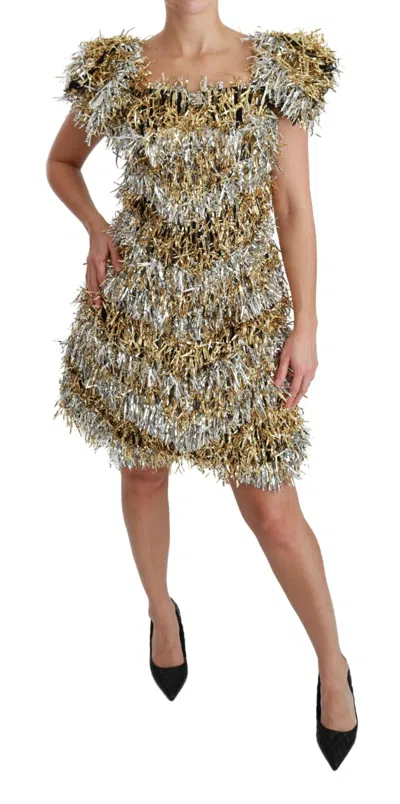 Dolce & Gabbana Silver Gold Sheath Mini Shift Gown Dress In Silver