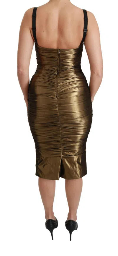 Dolce & Gabbana Gold Metallic Stretch Bodycon Ruched Dress In Gold