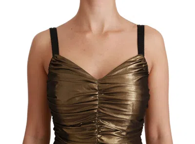 Dolce & Gabbana Gold Metallic Stretch Bodycon Ruched Dress In Gold
