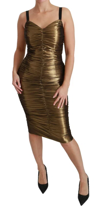 Dolce & Gabbana Gold Metallic Stretch Bodycon Ruched Dress In Gold