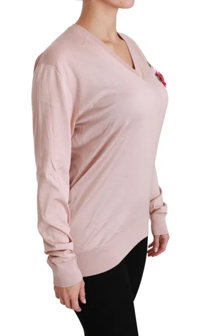 Dolce & Gabbana Pink Floral Embellished Pullover Silk Sweater In Pink