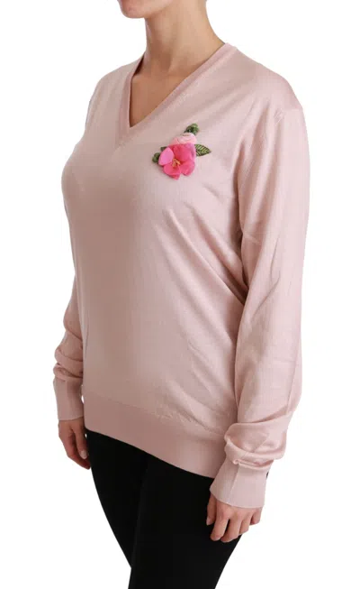 Dolce & Gabbana Pink Floral Embellished Pullover Silk Sweater In Pink