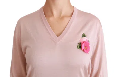 Dolce & Gabbana Pink Floral Embellished Pullover Silk Sweater In Pink