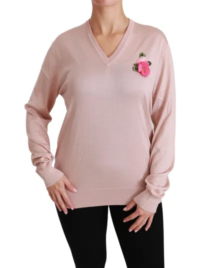Dolce & Gabbana Pink Floral Embellished Pullover Silk Sweater In Pink