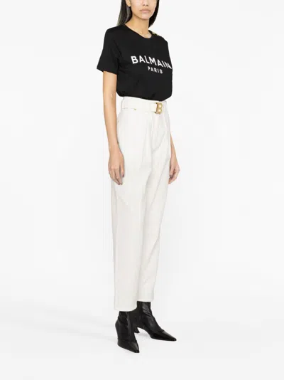 Balmain Black Crewneck T-shirt With Logo Print And Golden Buttons In Jersey Woman