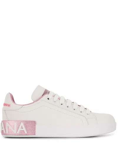Dolce & Gabbana Portofino White And Gold Low Top Sneakers With Logo In Leather Woman