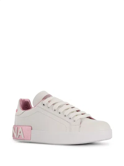 Dolce & Gabbana Portofino White And Gold Low Top Sneakers With Logo In Leather Woman