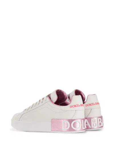 Dolce & Gabbana Portofino White And Gold Low Top Sneakers With Logo In Leather Woman