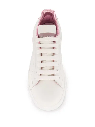 Dolce & Gabbana Portofino White And Gold Low Top Sneakers With Logo In Leather Woman