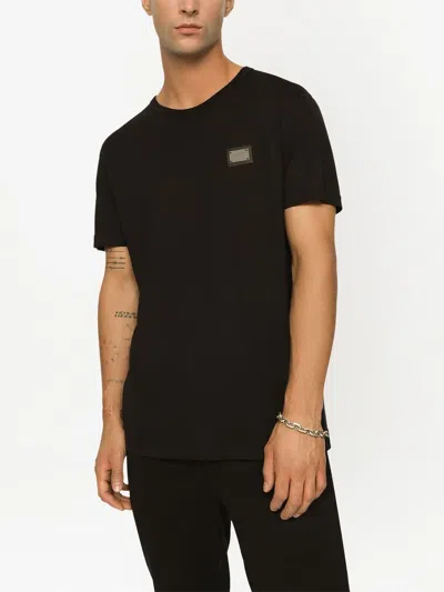 Dolce & Gabbana Cotton T-shirt With Metal Plaque Featuring Front Logo