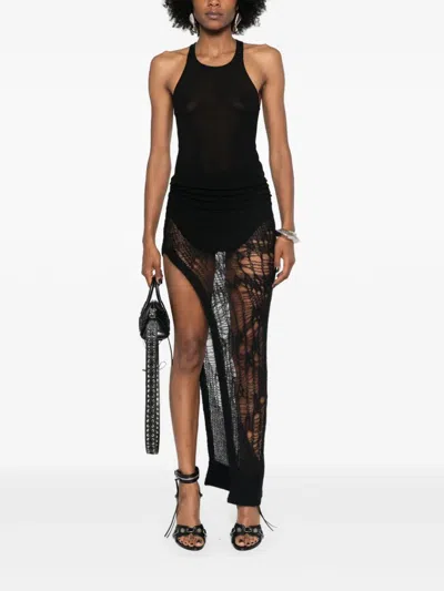 Rick Owens Black Ribbed Tank Top With Curved Hem In Viscose And Silk Blend Woman