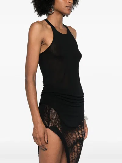 Rick Owens Black Ribbed Tank Top With Curved Hem In Viscose And Silk Blend Woman