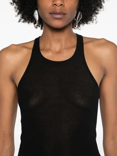 Rick Owens Black Ribbed Tank Top With Curved Hem In Viscose And Silk Blend Woman