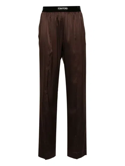 Tom Ford Pantaloni Pajama In Raso Di Seta Elasticizzato In Brown
