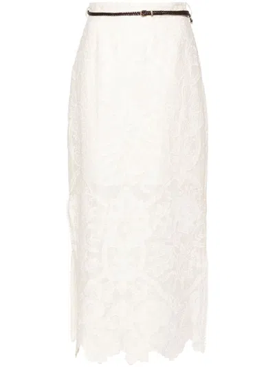 Shop Zimmermann Ottie Midi Skirt With Embroidery In Nude & Neutrals