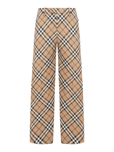 Burberry Wool Blend Trouser With Iconic Check Print In Nude & Neutrals