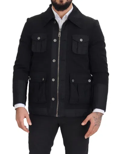 Dolce & Gabbana Black Wool Collared Full Zip Jacket In Black