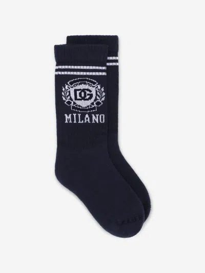 Dolce & Gabbana Boys Navy Blue Cotton Knit Socks In Blue