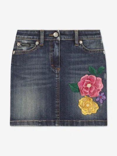 Dolce & Gabbana Kids Denim Floral-embroidered Skirt (8-12+ Years) In Blue