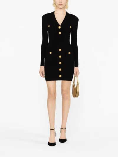 Balmain Mini Black Dress With Golden Buttons In Stretch Viscose Woman