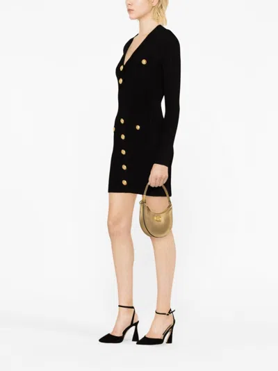 Balmain Mini Black Dress With Golden Buttons In Stretch Viscose Woman