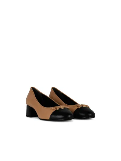 Tory Burch Beige And Black Ballet Flats With Bow Detail And Bi-color Toe In Smooth Leather Woman
