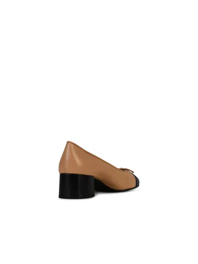 Tory Burch Beige And Black Ballet Flats With Bow Detail And Bi-color Toe In Smooth Leather Woman