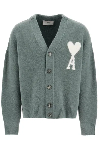 Shop Ami Alexandre Mattiussi Cardigan Boxy 'ami De Coeur' In Green, Grey