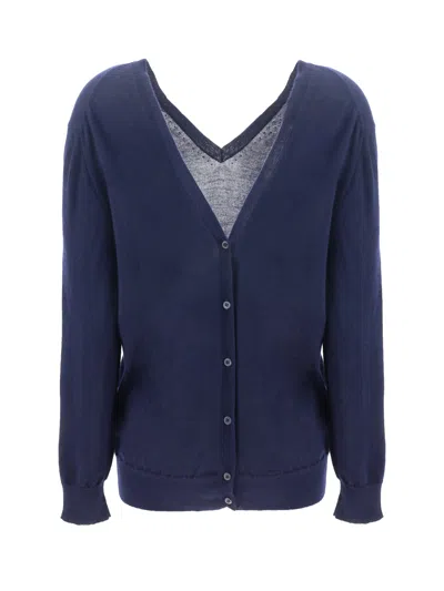 Prada Ribbed V-neck Cardigan Long Sleeves In Blue