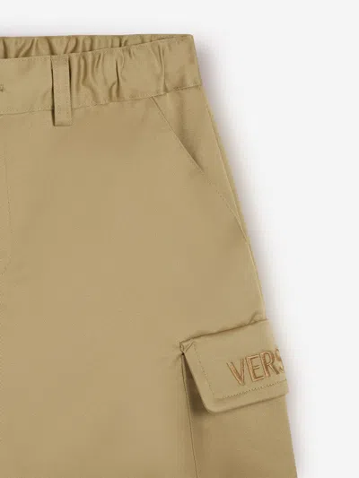 Versace Logo-embroidered Cotton Shorts In Beige