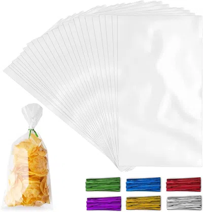 Zulay Kitchen 5x11 Candy Treat Cellophane Bags With Ties For Goodie Bags (200 Pack)