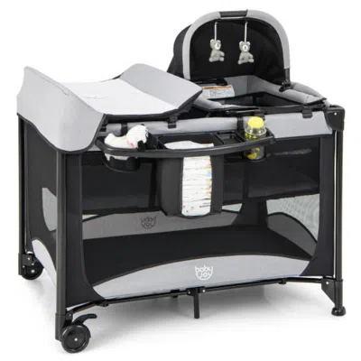 Hivvago 5-in-1 Portable Baby Playard With Cradle And Storage Basket-gray