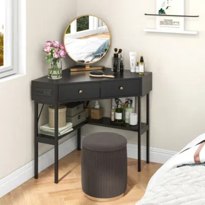 Hivvago Triangle Corner Desk With Charging Station With 2 Drawers And Storage Shelf-black