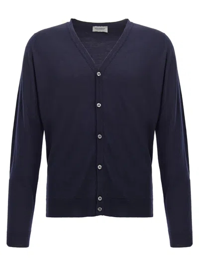 John Smedley V-neck Wool Cardigan With Ribbed Cuffs And Hem In Gold