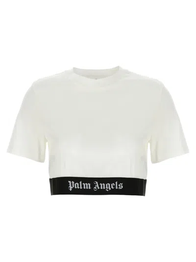 Palm Angels White Cropped T-shirt With Jacquard Logo In Cotton Woman In White/black