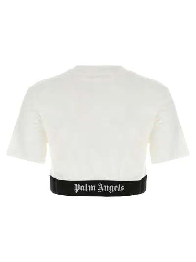 Palm Angels White Cropped T-shirt With Jacquard Logo In Cotton Woman In White/black