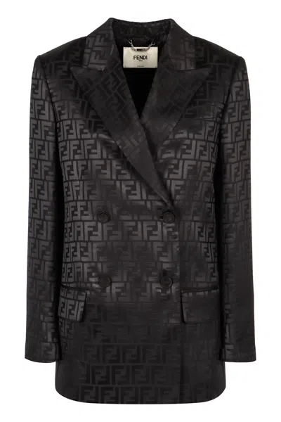 Shop Fendi Luxurious Silk Double-breasted Blazer In Black