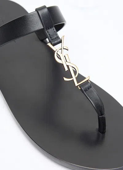 Saint Laurent Cassandra Flat Sole Metallic Toe Strap Sandals In Black