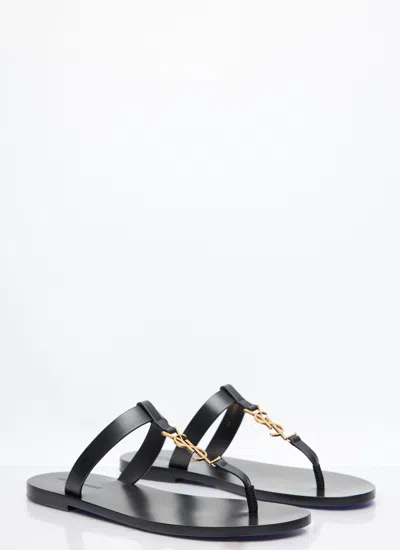 Saint Laurent Cassandra Flat Sole Metallic Toe Strap Sandals In Black