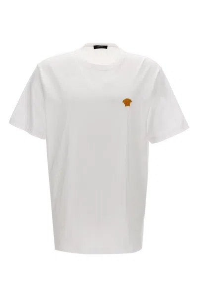 Versace White Crewneck T-shirt With Medusa Embroidery On The Front In Cotton Man In White