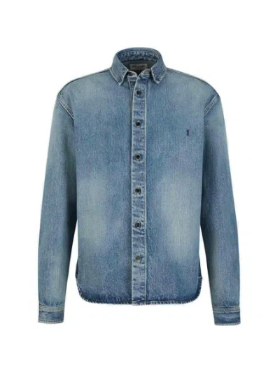 Saint Laurent Trouville Logo-embroidered Denim Shirt In Trbchblue