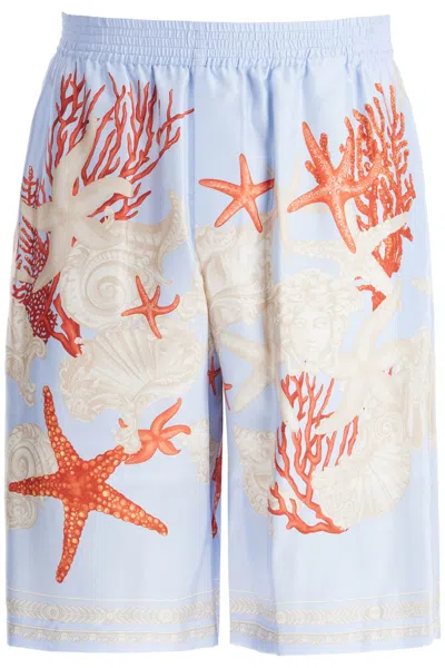 Versace Multicolor Shorts With Seabed Print In Silk Man In Coralbone