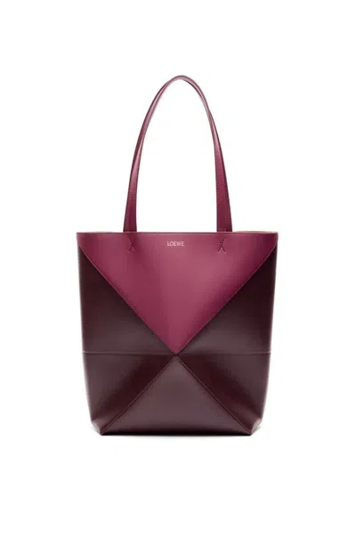 Loewe Mini Leather Puzzle Fold Tote Bag In Crimburgun
