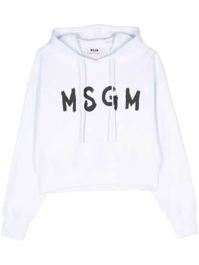 Msgm Cropped White Sweatshirt With Contrasting Logo