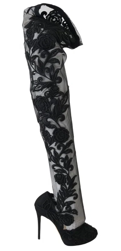 Dolce & Gabbana Embroidered Floral Over-knee Boots In Red
